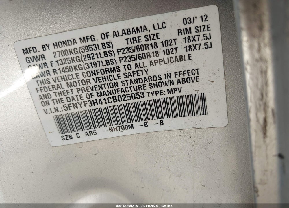 2012 HONDA PILOT EX VIN: 5FNYF3H41CB025053