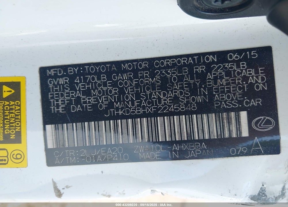 2015 LEXUS CT 200H VIN: JTHKD5BHXF2245848