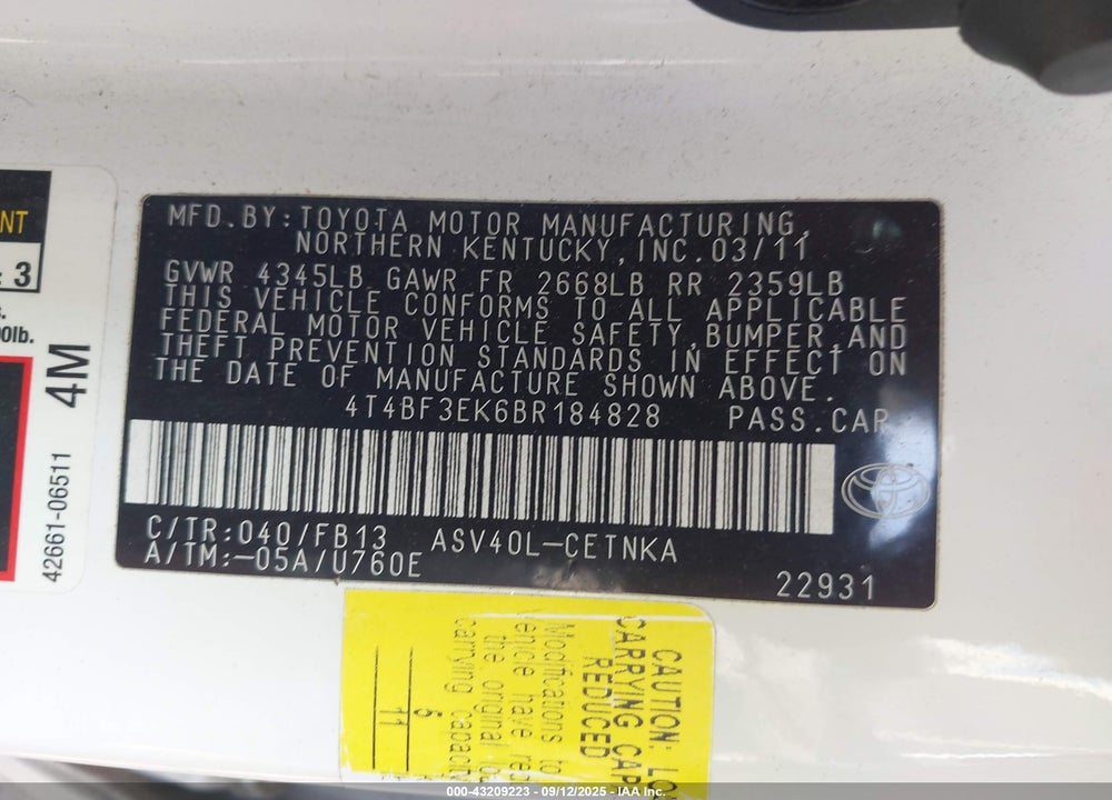 2011 TOYOTA CAMRY VIN: 4T4BF3EK6BR184828