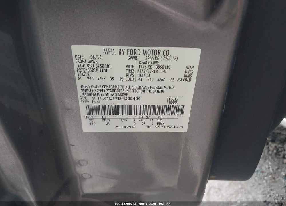 2013 FORD F-150 VIN: 1FTFX1ET7DFD38464