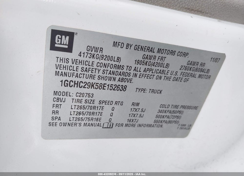 2008 CHEVROLET SILVERADO 2500HD LTZ VIN: 1GCHC29K58E152638