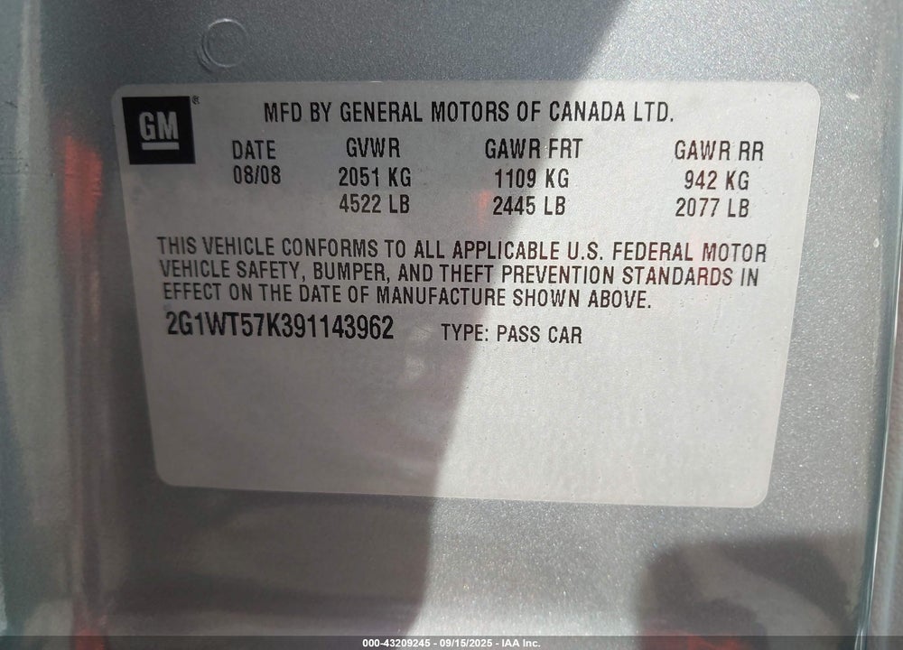 2009 CHEVROLET IMPALA VIN: 2G1WT57K391143962