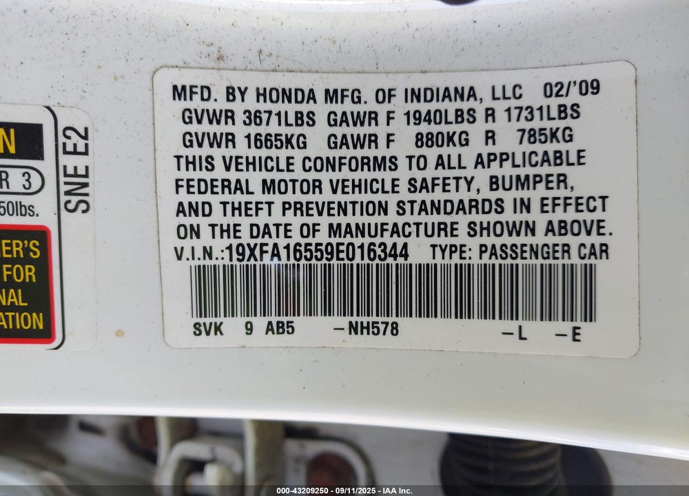 2009 HONDA CIVIC VIN: 19XFA16559E016344