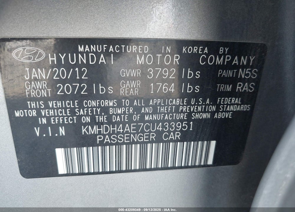 2012 HYUNDAI ELANTRA GLS (ULSAN PLANT) VIN: KMHDH4AE7CU433951