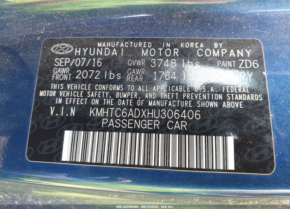 2017 HYUNDAI VELOSTER VIN: KMHTC6ADXHU306406