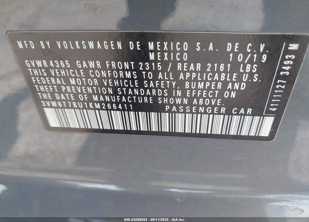 2019 VOLKSWAGEN JETTA VIN: 3VW6T7BU1KM266411