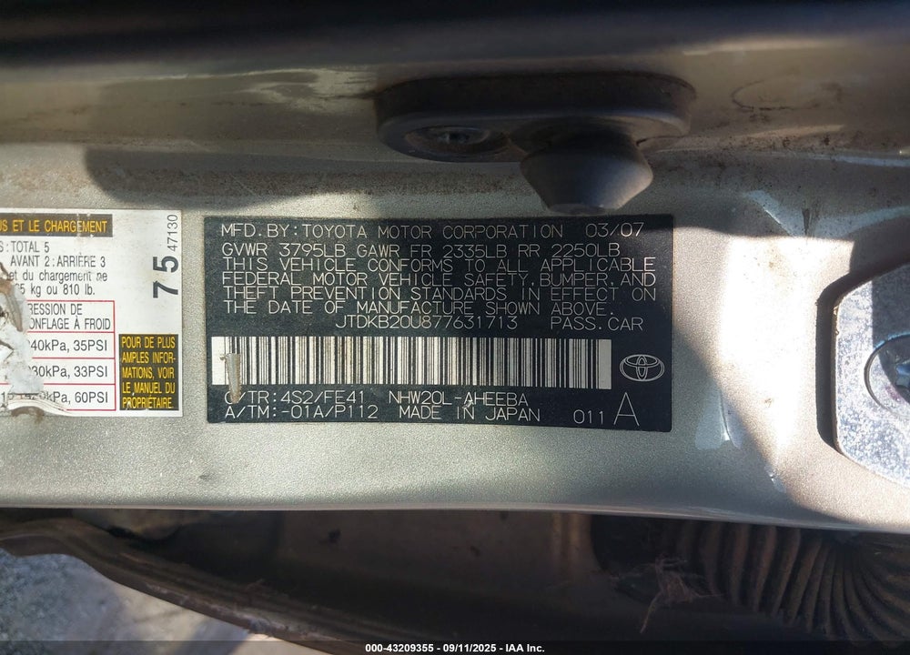 2007 TOYOTA PRIUS VIN: JTDKB20U877631713