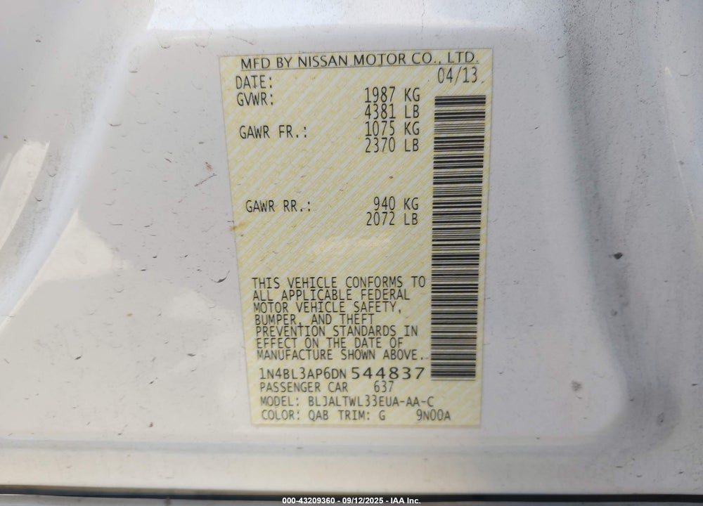 2013 NISSAN ALTIMA 3.5 SV VIN: 1N4BL3AP6DN544837