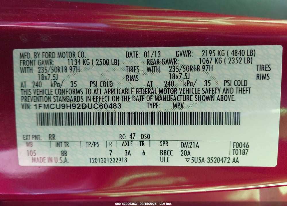 2013 FORD ESCAPE VIN: 1FMCU9H92DUC60483