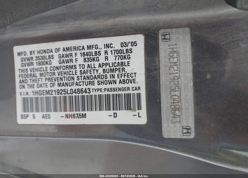 2005 HONDA CIVIC EX VIN: 1HGEM21925L048643