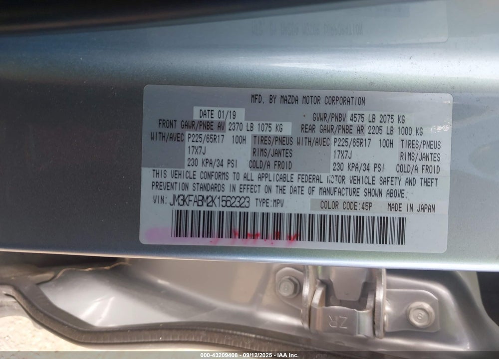 2019 MAZDA CX-5 SPORT VIN: JM3KFABM2K1562323