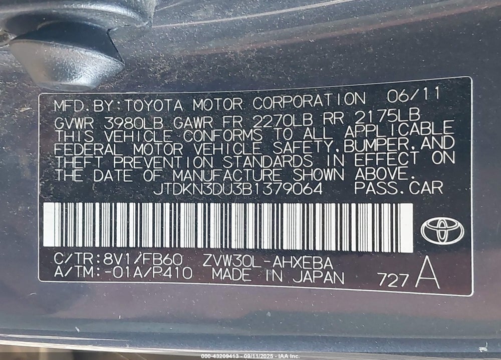 2011 TOYOTA PRIUS VIN: JTDKN3DU3B1379064