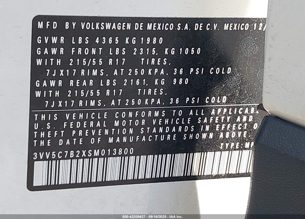 2025 VOLKSWAGEN TAOS VIN: 3VV5C7B2XSM013800