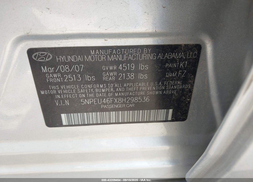 2008 HYUNDAI SONATA LIMITED V6/SE V6 VIN: 5NPEU46FX8H298536