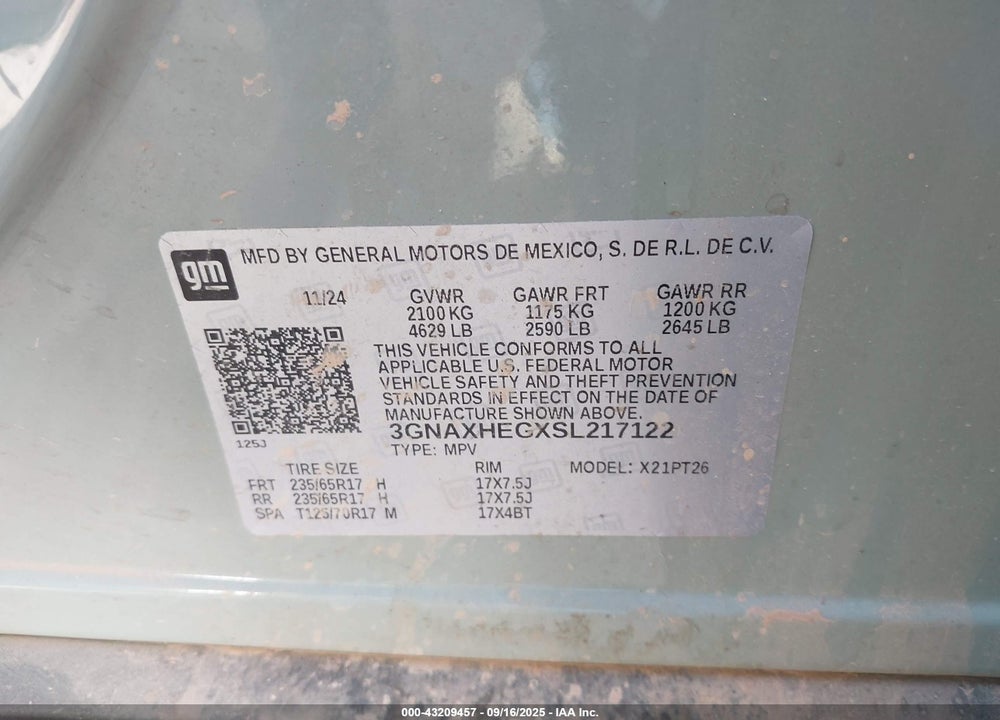 2025 CHEVROLET EQUINOX VIN: 3GNAXHEGXSL217122