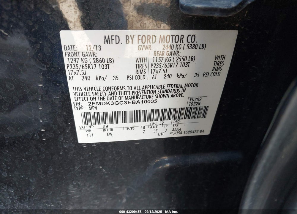 2014 FORD EDGE VIN: 2FMDK3GC3EBA10035