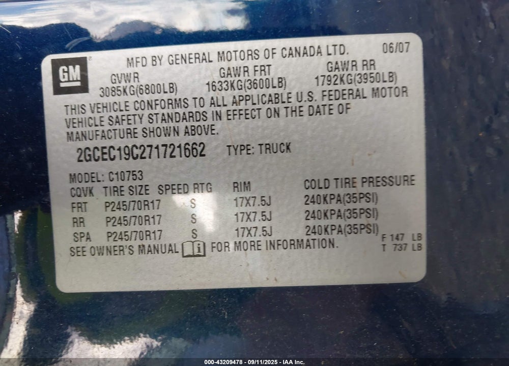 2007 CHEVROLET SILVERADO 1500 LT1 VIN: 2GCEC19C271721662