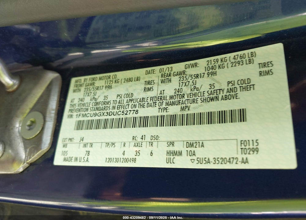 2013 FORD ESCAPE SE VIN: 1FMCU9GX3DUC52778