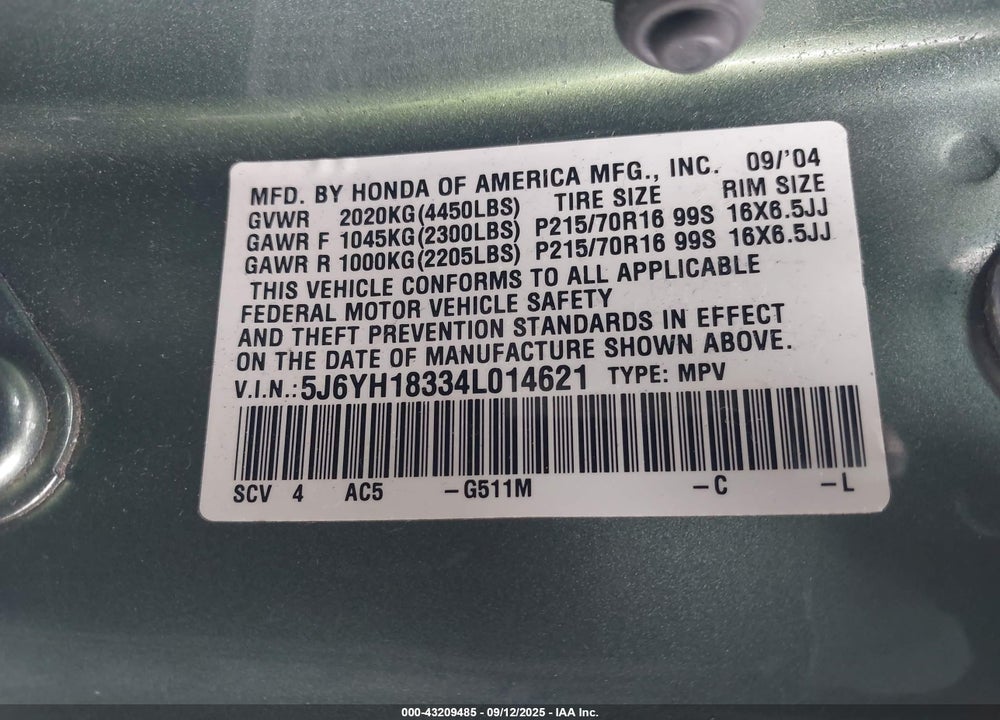 2004 HONDA ELEMENT LX VIN: 5J6YH18334L014621