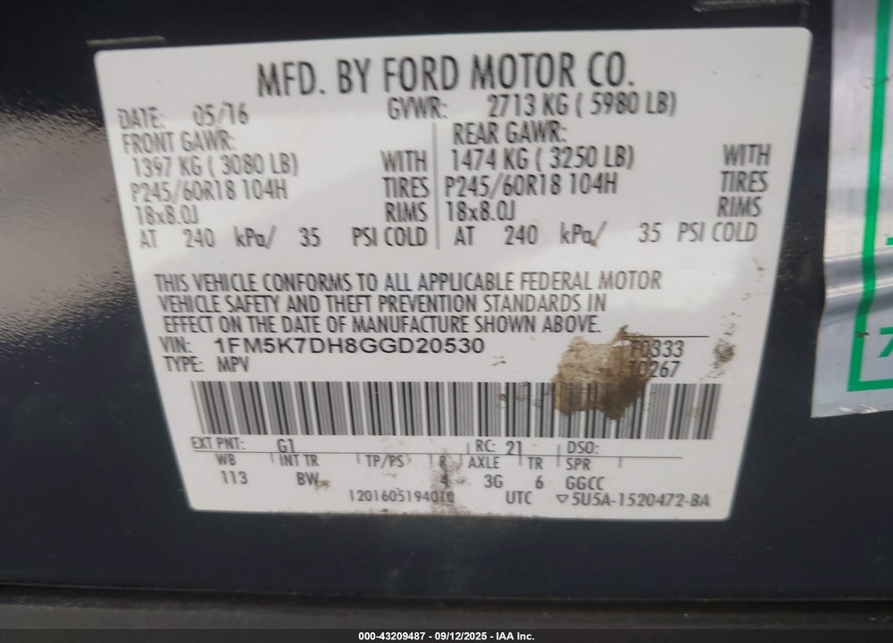 2016 FORD EXPLORER VIN: 1FM5K7DH8GGD20530