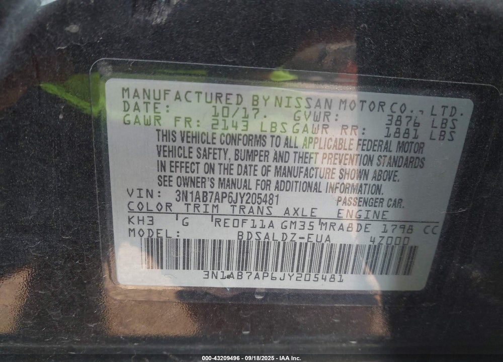 2018 NISSAN SENTRA SV VIN: 3N1AB7AP6JY205481