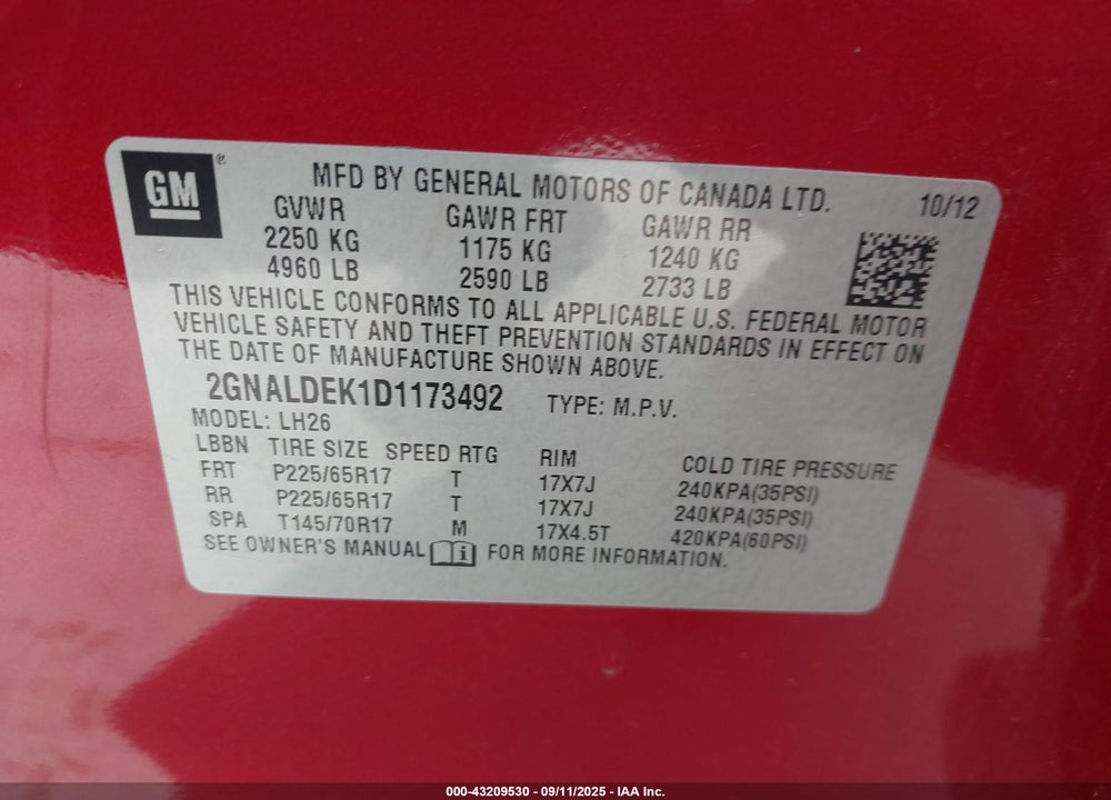 2013 CHEVROLET EQUINOX VIN: 2GNALDEK1D1173492