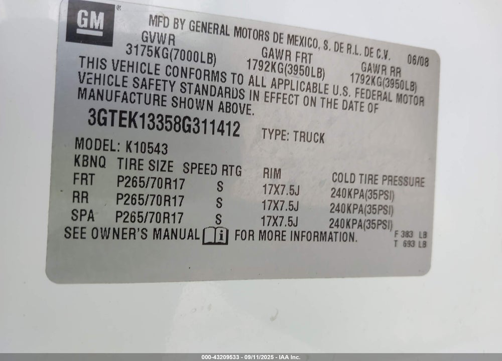 2008 GMC SIERRA 1500 SLE1 VIN: 3GTEK13358G311412