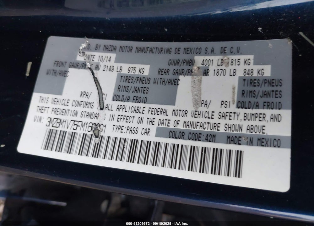 2015 MAZDA 3 VIN: 3MZBM1V75FM160001