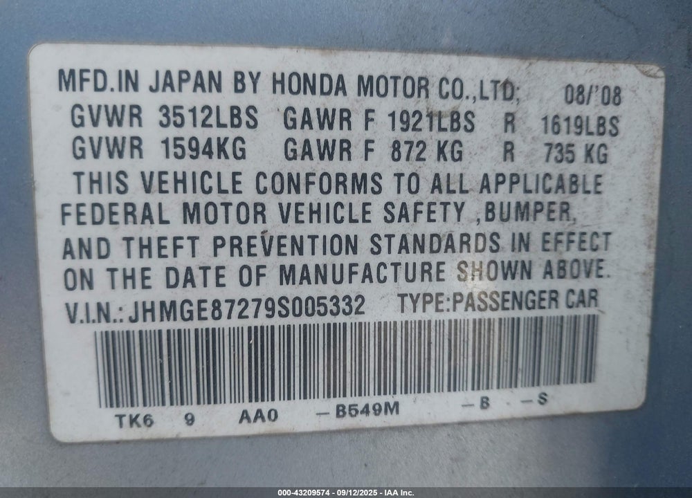 2009 HONDA FIT VIN: JHMGE87279S005332