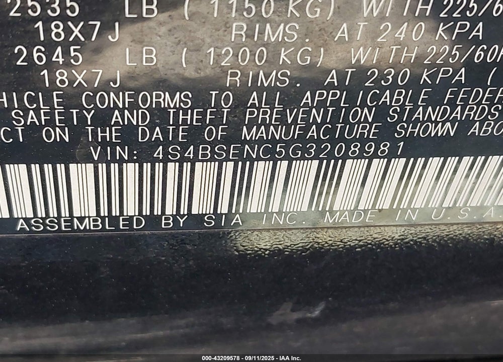 2016 SUBARU OUTBACK VIN: 4S4BSENC5G3208981