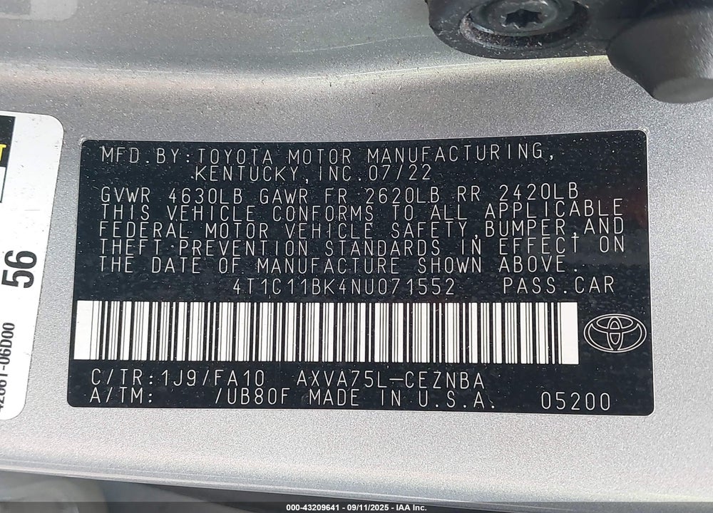 2022 TOYOTA CAMRY VIN: 4T1C11BK4NU071552
