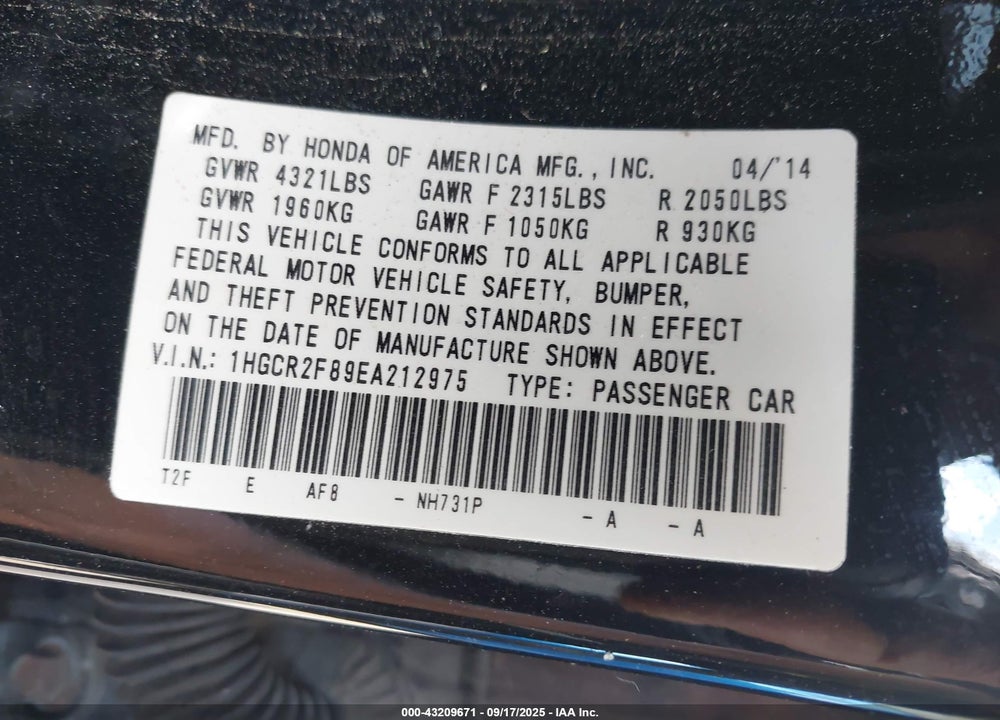 2014 HONDA ACCORD VIN: 1HGCR2F89EA212975
