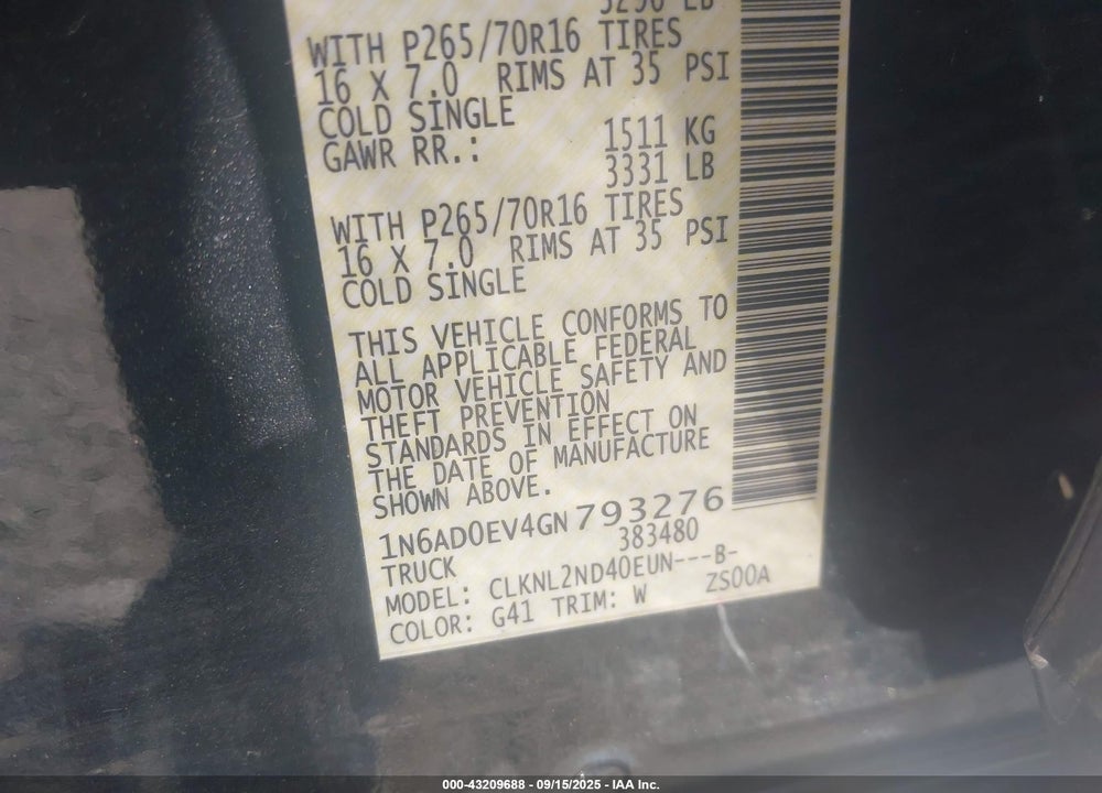 2016 NISSAN FRONTIER VIN: 1N6AD0EV4GN793276