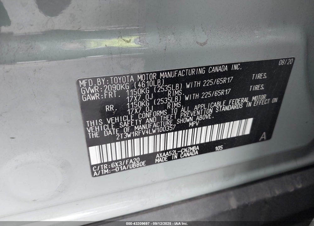 2020 TOYOTA RAV4 XLE VIN: 2T3W1RFV4LW100357