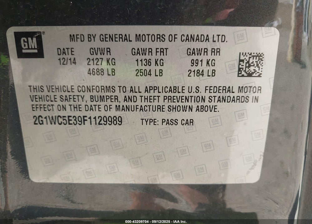 2015 CHEVROLET IMPALA LIMITED VIN: 2G1WC5E39F1129989
