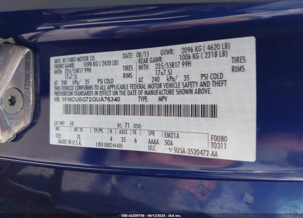 2016 FORD ESCAPE VIN: 1FMCU0G72GUA76340