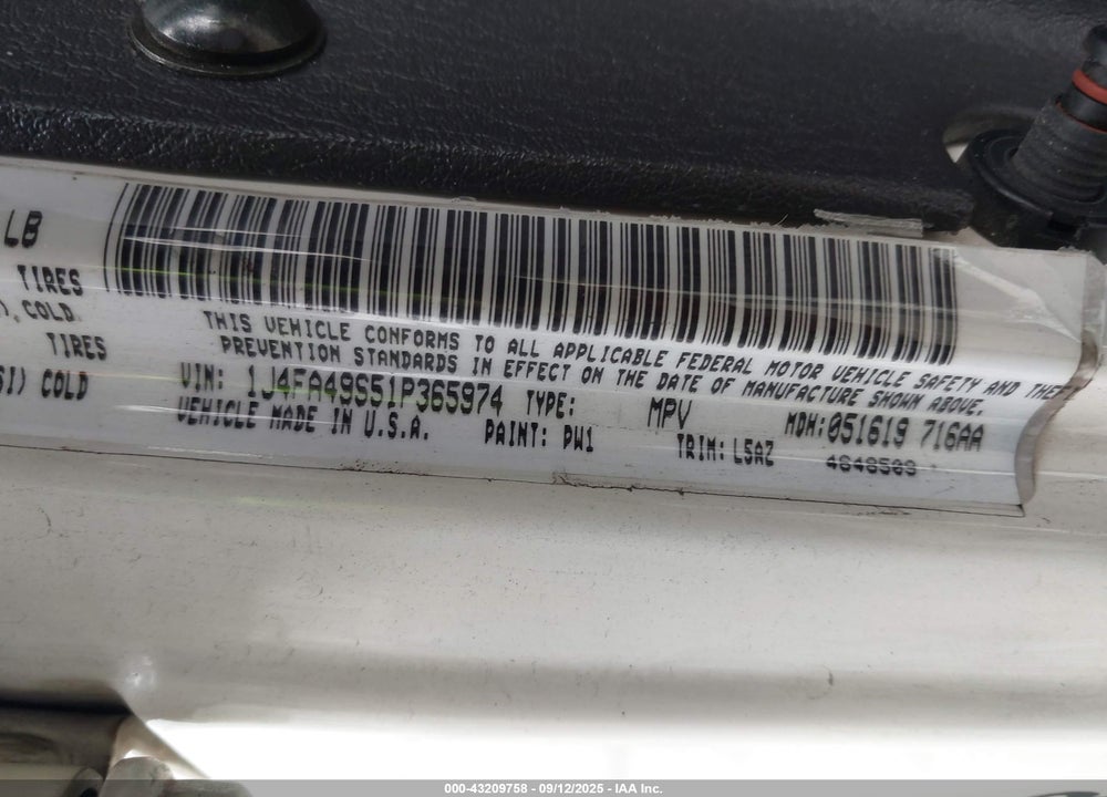 2001 JEEP WRANGLER SPORT VIN: 1J4FA49S51P365974