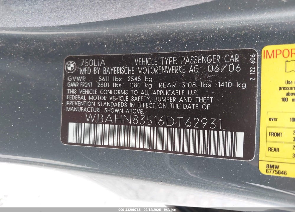 2006 BMW 750LI VIN: WBAHN83516DT62931
