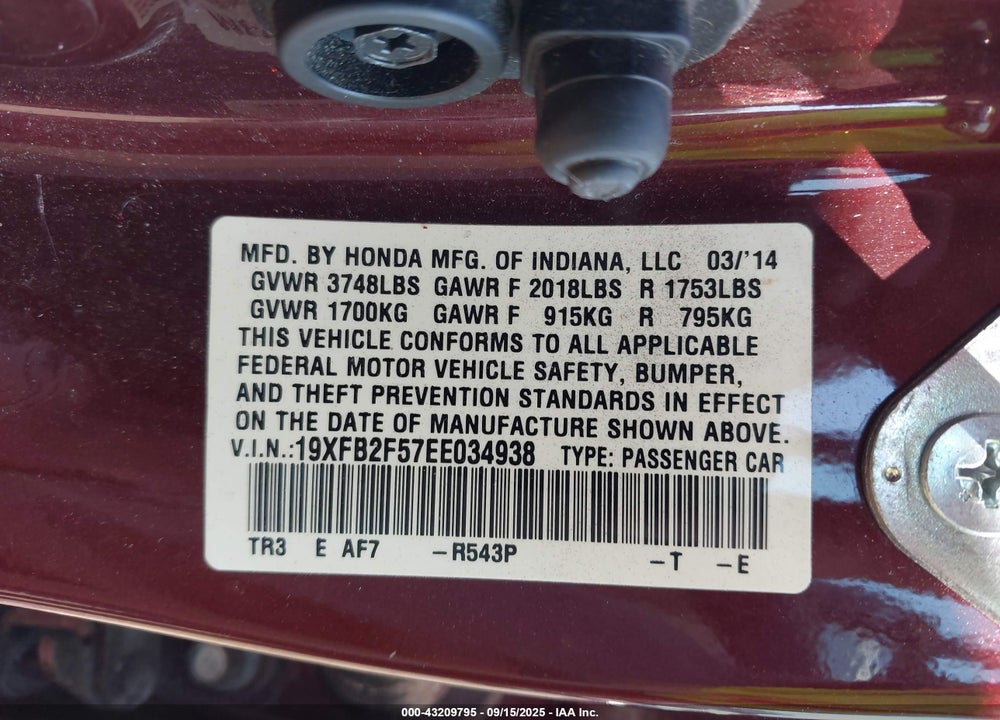 2014 HONDA CIVIC VIN: 19XFB2F57EE034938