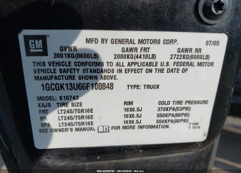 2006 CHEVROLET SILVERADO 1500 VIN: 1GCGK13U66F100848