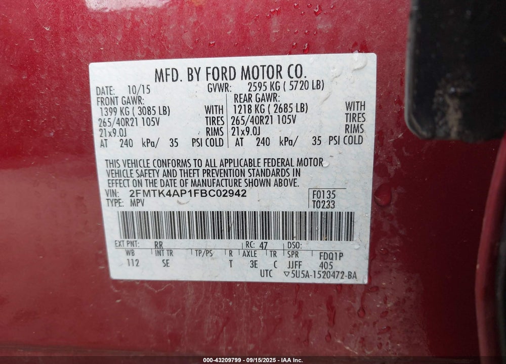 2015 FORD EDGE SPORT VIN: 2FMTK4AP1FBC02942