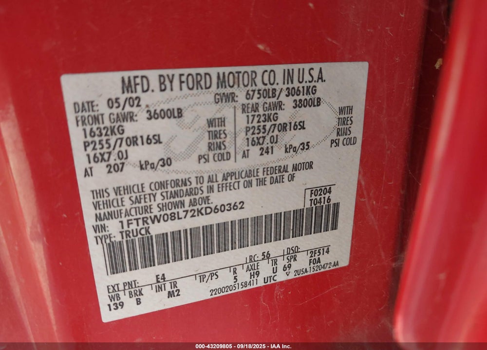 2002 FORD F-150 VIN: 1FTRW08L72KD60362