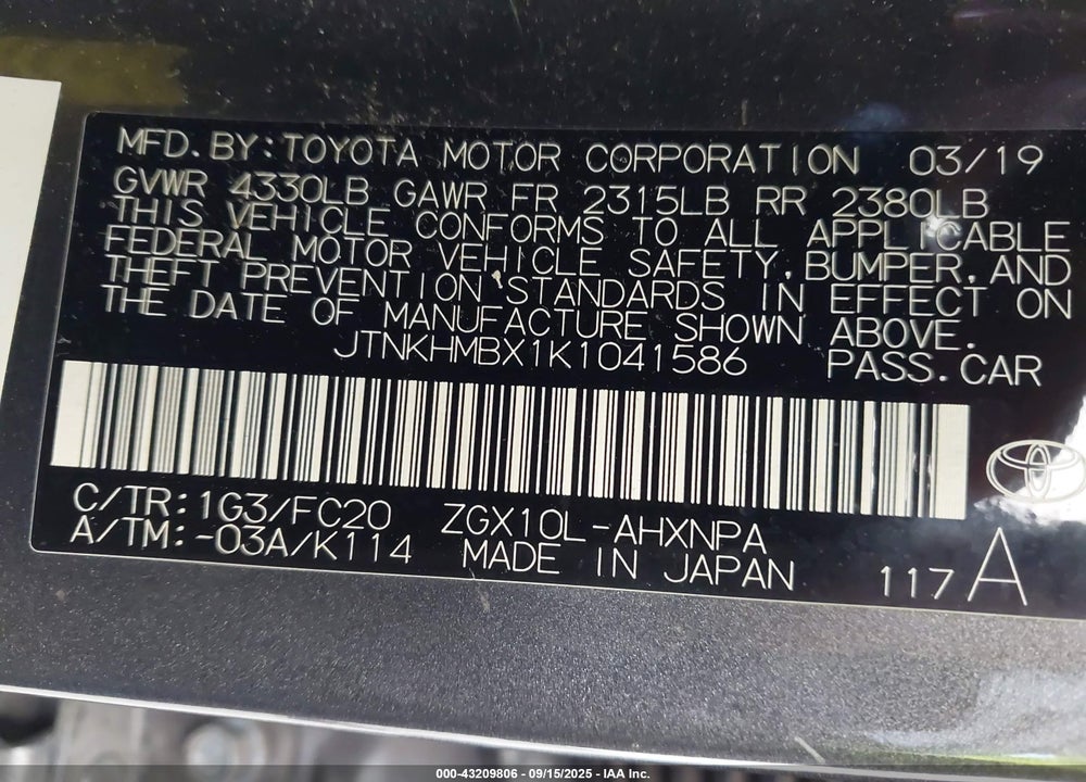 2019 TOYOTA C-HR LE VIN: JTNKHMBX1K1041586