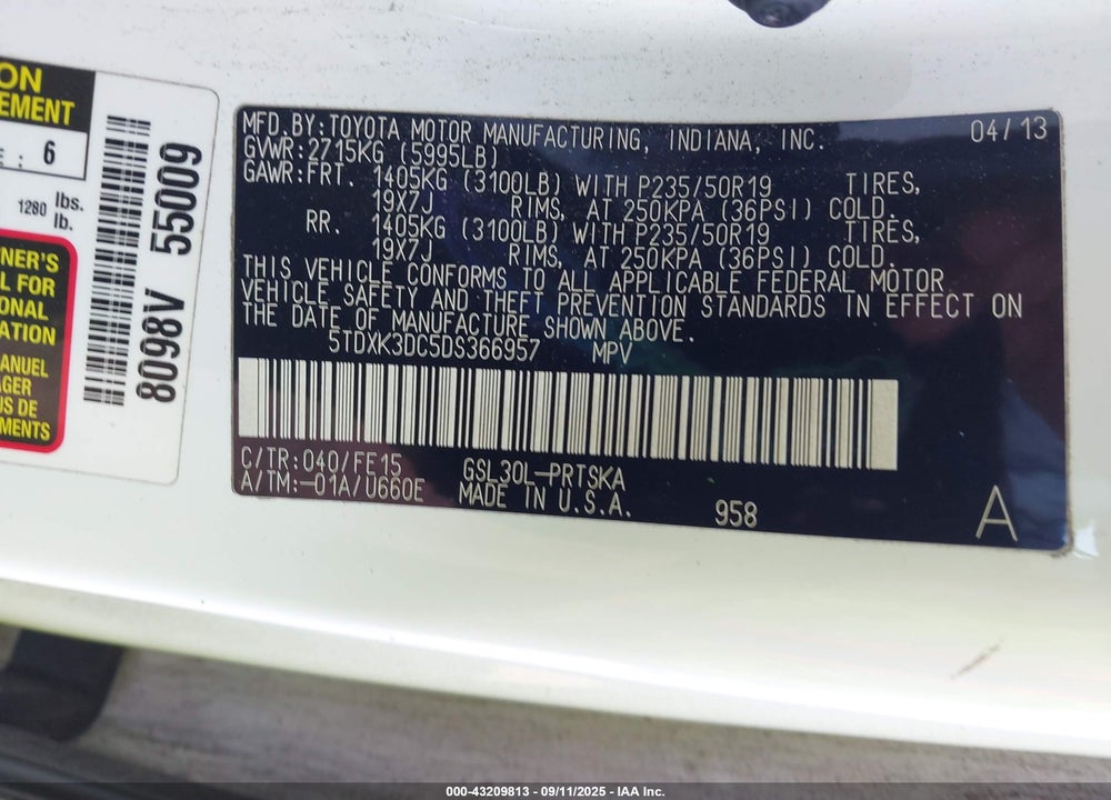2013 TOYOTA SIENNA SE 8 PASSENGER VIN: 5TDXK3DC5DS366957