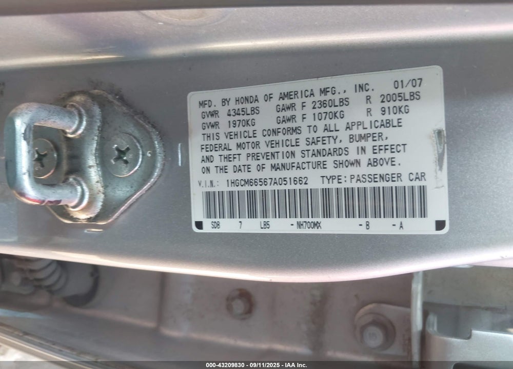 2007 HONDA ACCORD 3.0 EX VIN: 1HGCM66567A051662