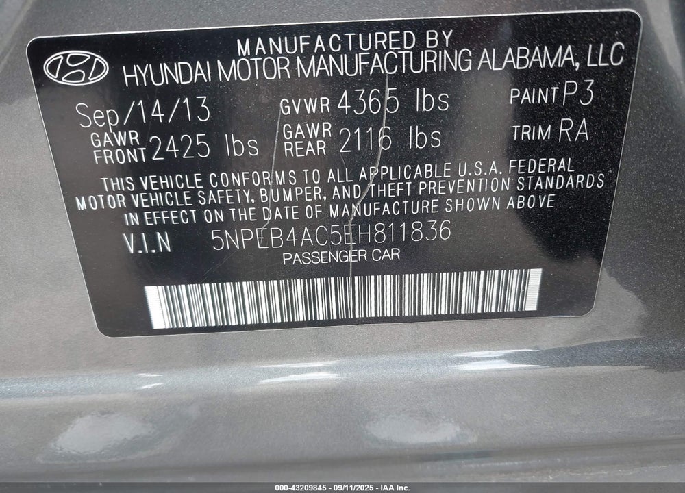2014 HYUNDAI SONATA VIN: 5NPEB4AC5EH811836