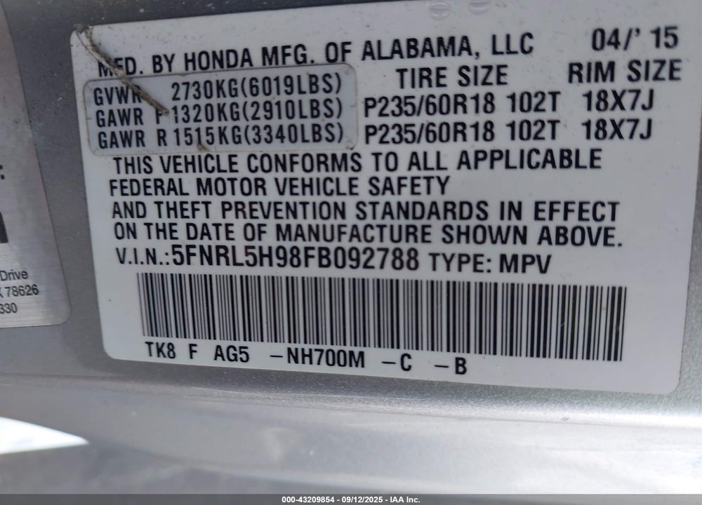 2015 HONDA ODYSSEY TOURING/TOURING ELITE VIN: 5FNRL5H98FB092788