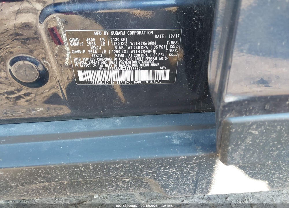 2018 SUBARU OUTBACK VIN: 4S4BSANC3J3277751