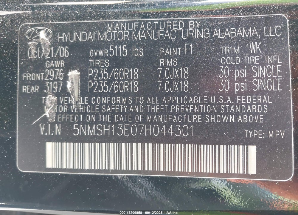 2007 HYUNDAI SANTA FE LIMITED/SE VIN: 5NMSH13E07H044301
