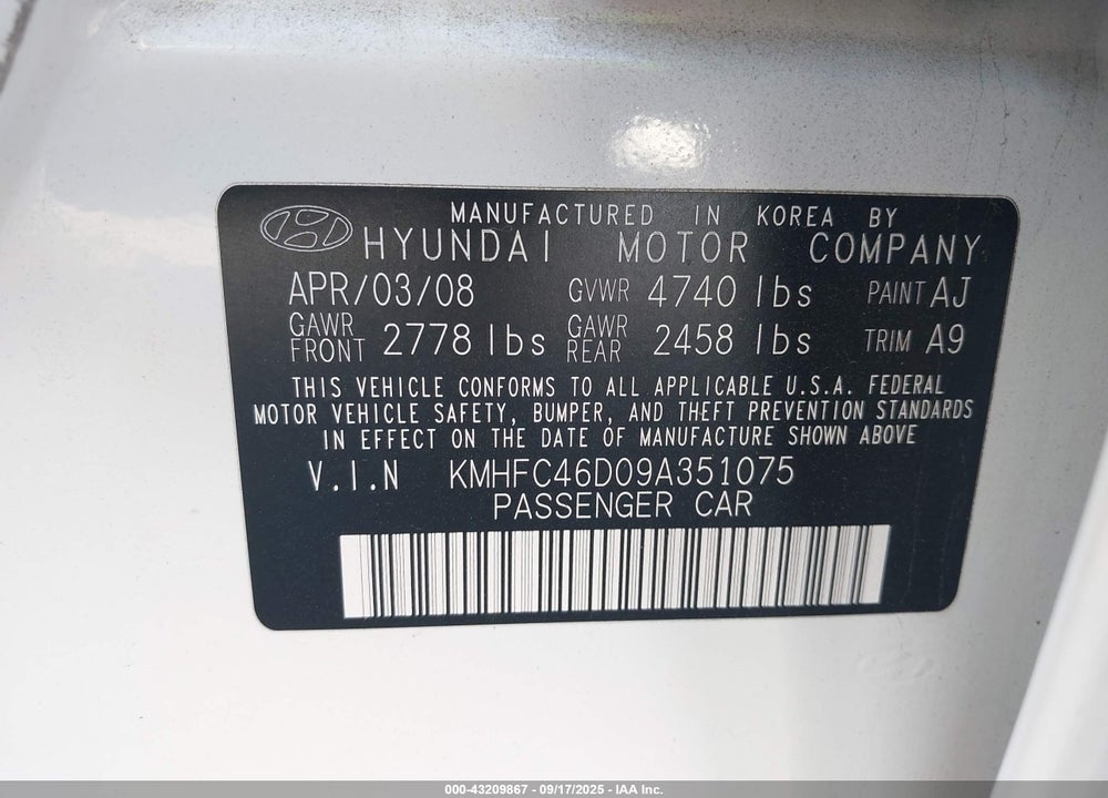 2009 HYUNDAI AZERA VIN: KMHFC46D09A351075